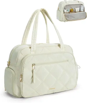 Missnine Small Gym Bag for Women with Shoe Compartment, weekend bag for Travel with Toiletry Organizer Compartment, Overnight Quilted Duffle for Airplane, Puffer Beige