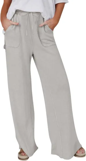Miyaomn Womens Casual Linen Wide Leg Sweatpants Drawstring Elastic Waist Lounge Joggers Solid Loose Comfy Slacks with Pockets