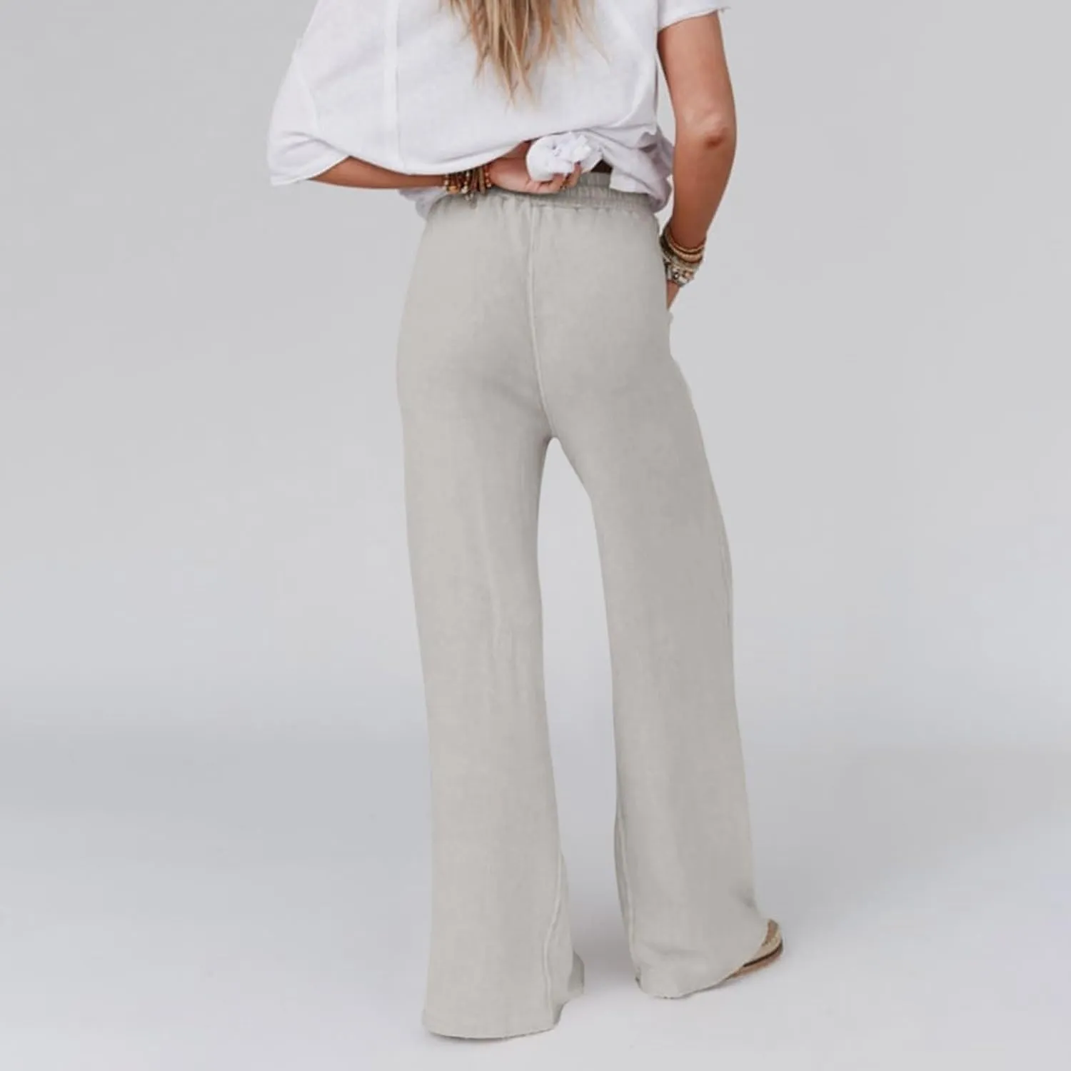 Miyaomn Womens Casual Linen Wide Leg Sweatpants Drawstring Elastic Waist Lounge Joggers Solid Loose Comfy Slacks with Pockets