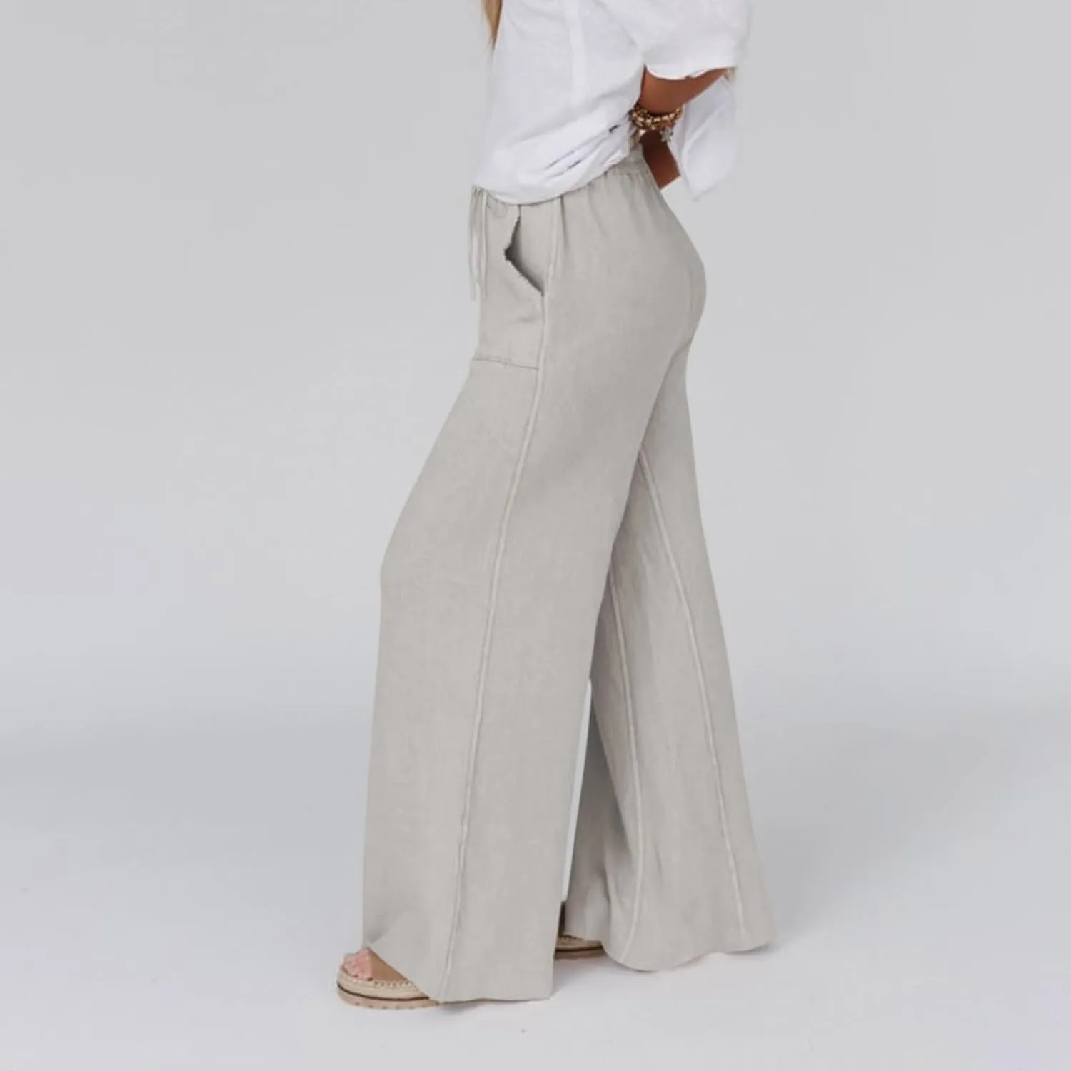 Miyaomn Womens Casual Linen Wide Leg Sweatpants Drawstring Elastic Waist Lounge Joggers Solid Loose Comfy Slacks with Pockets