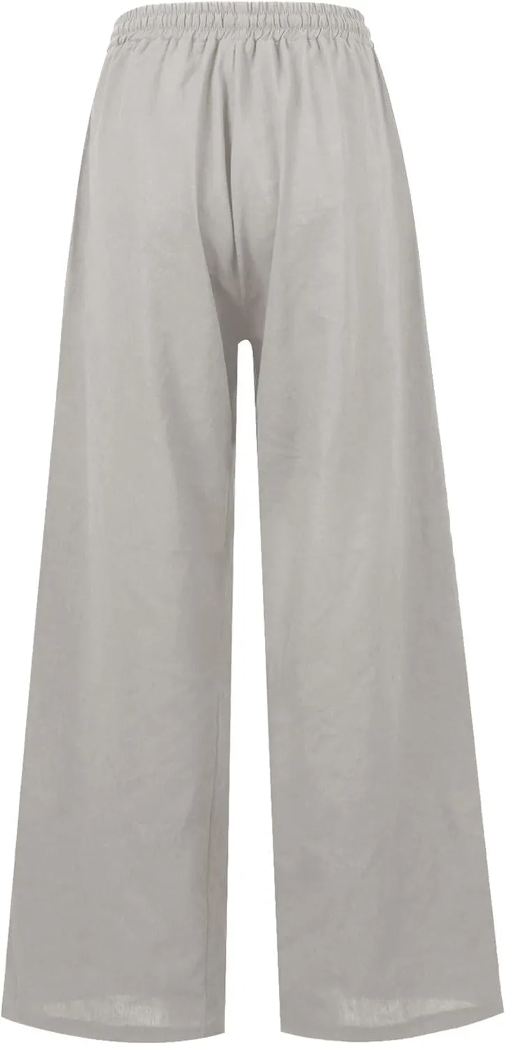 Miyaomn Womens Casual Linen Wide Leg Sweatpants Drawstring Elastic Waist Lounge Joggers Solid Loose Comfy Slacks with Pockets