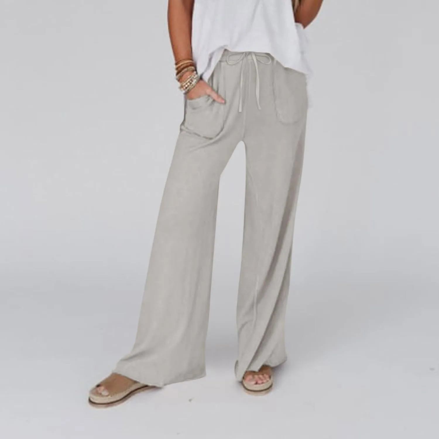Miyaomn Womens Casual Linen Wide Leg Sweatpants Drawstring Elastic Waist Lounge Joggers Solid Loose Comfy Slacks with Pockets
