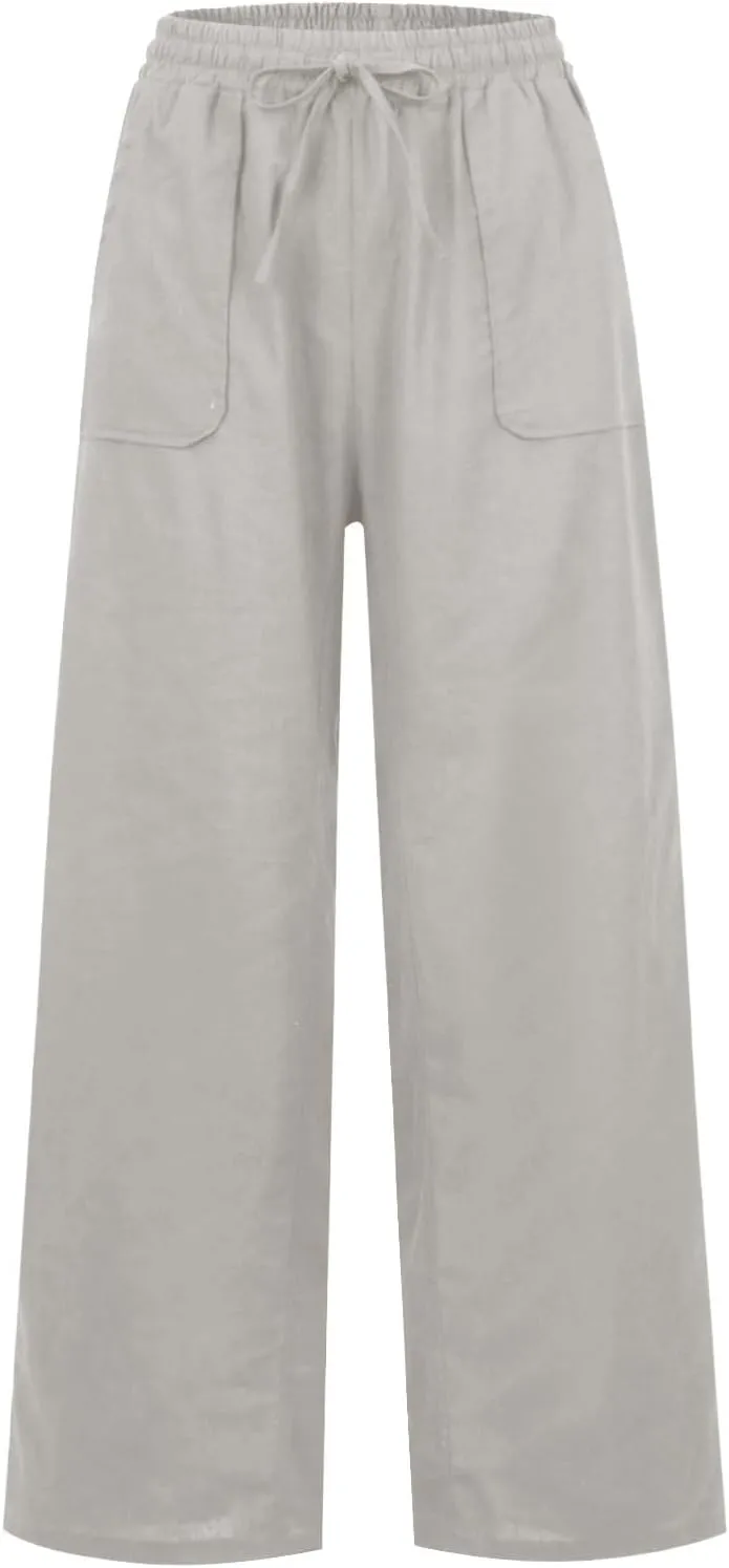 Miyaomn Womens Casual Linen Wide Leg Sweatpants Drawstring Elastic Waist Lounge Joggers Solid Loose Comfy Slacks with Pockets