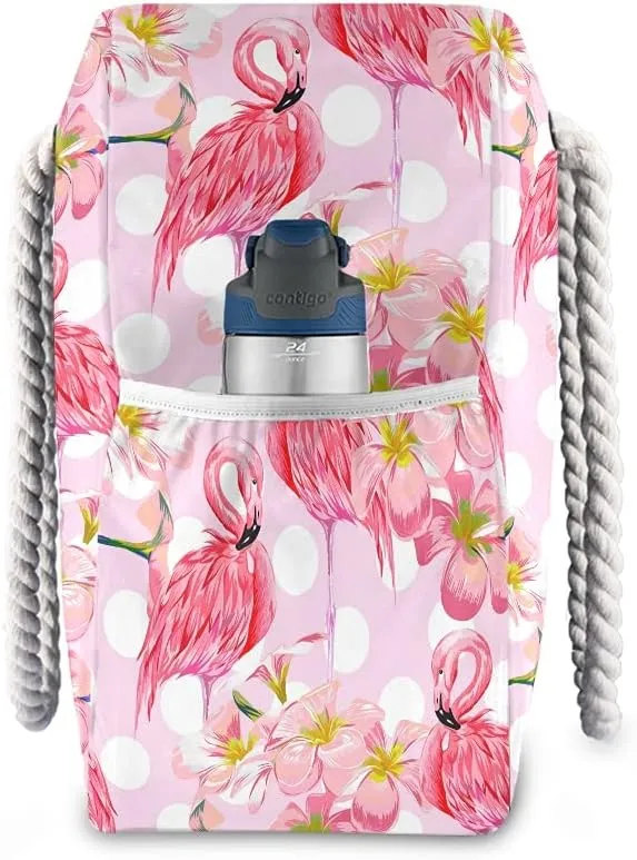 MNSRUU Large Beach Bag, Floral Cherry Blossoms And Branches Pink Tote Bag Travel Gym Bag with Waterproof Pocket Compartment