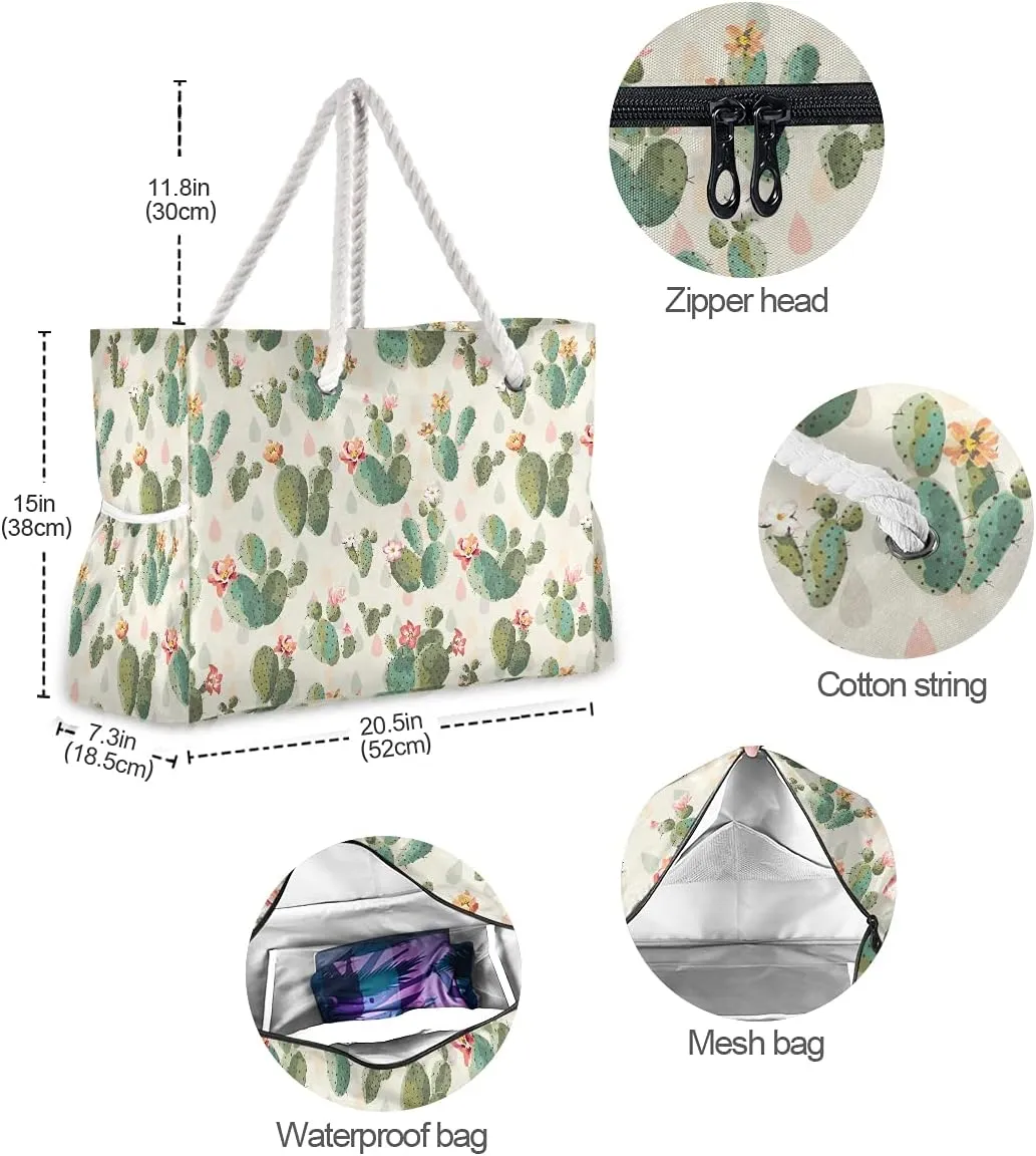 MNSRUU Large Beach Bag, Floral Cherry Blossoms And Branches Pink Tote Bag Travel Gym Bag with Waterproof Pocket Compartment