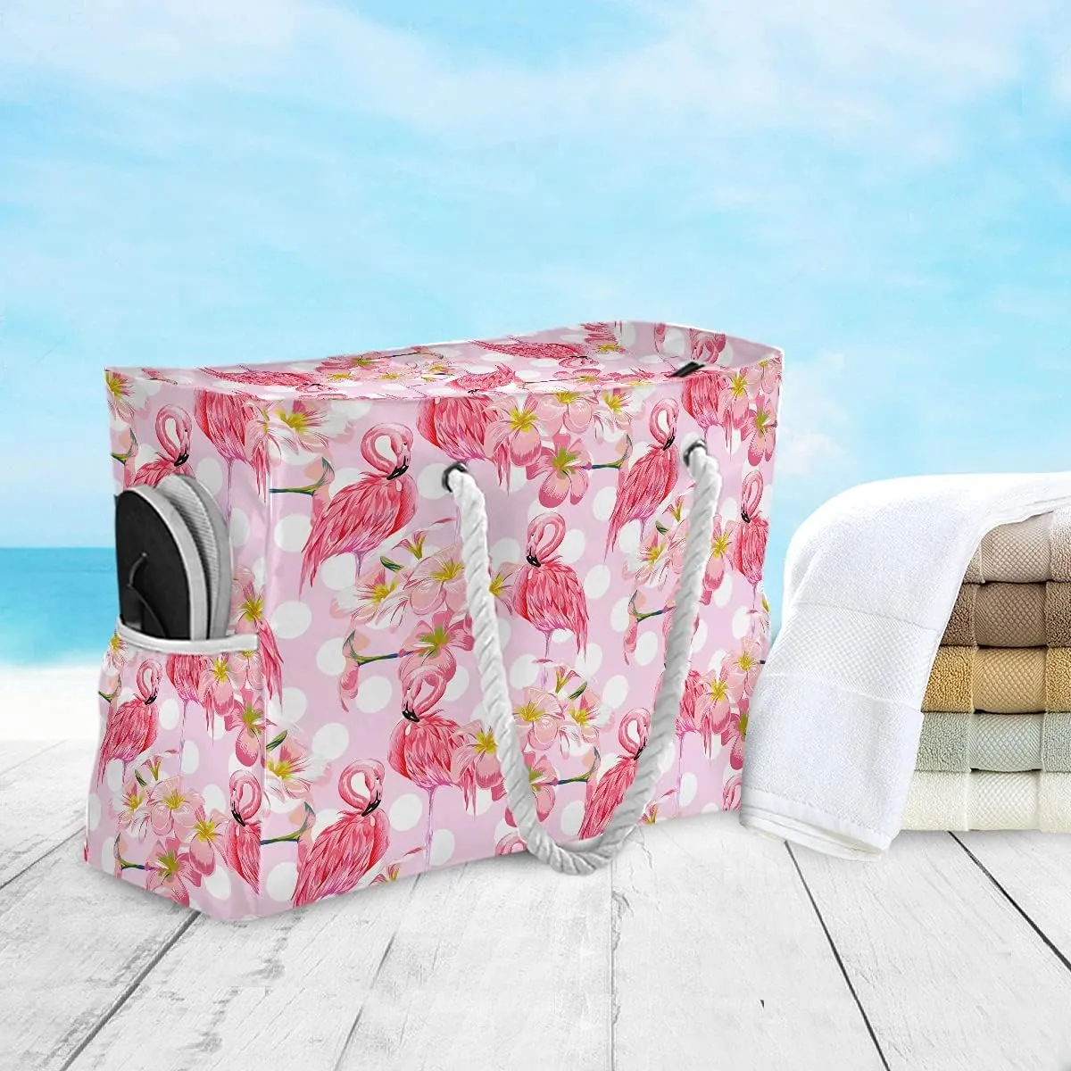 MNSRUU Large Beach Bag, Floral Cherry Blossoms And Branches Pink Tote Bag Travel Gym Bag with Waterproof Pocket Compartment