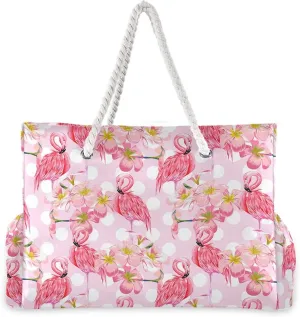 MNSRUU Large Beach Bag, Floral Cherry Blossoms And Branches Pink Tote Bag Travel Gym Bag with Waterproof Pocket Compartment