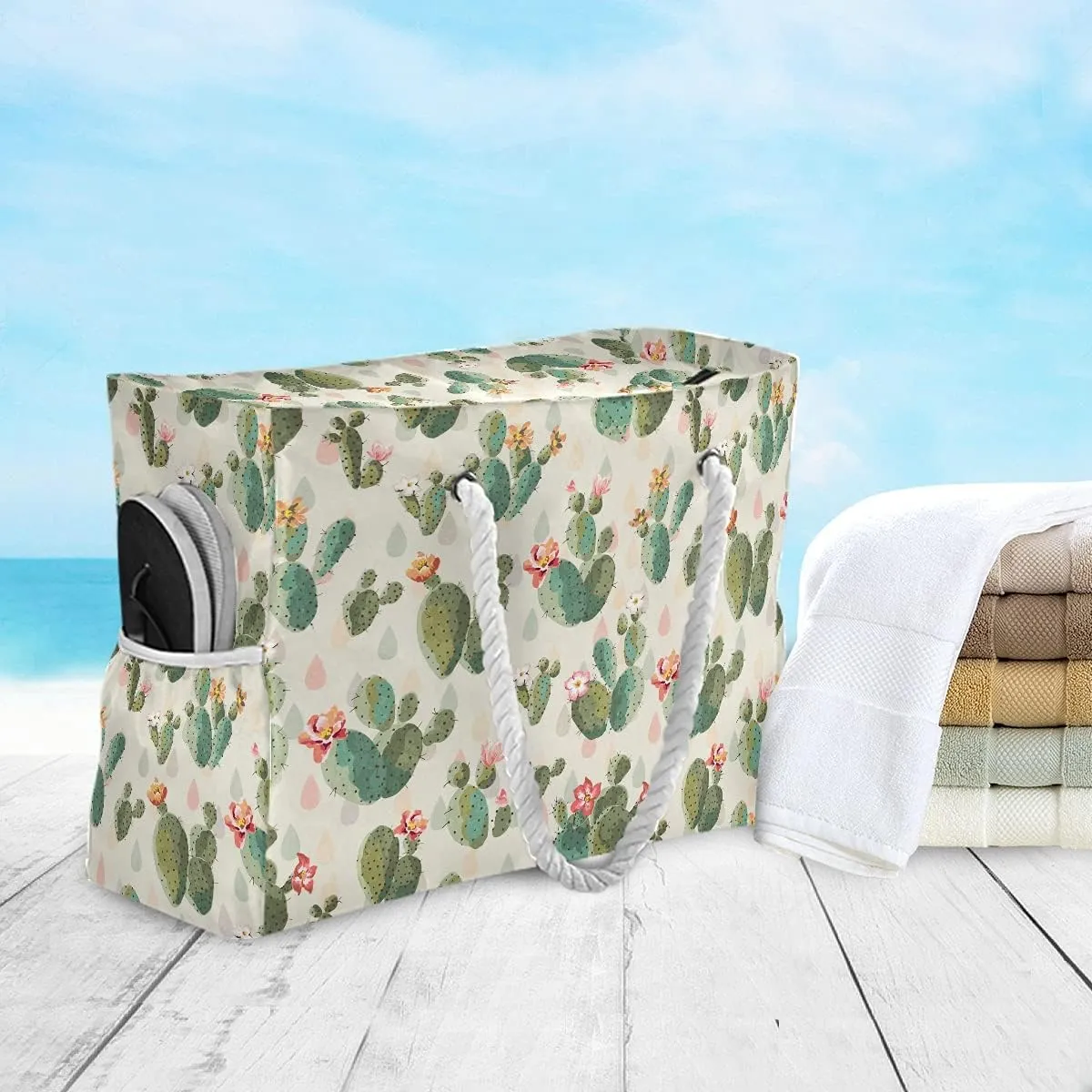 MNSRUU Large Beach Bag, Floral Cherry Blossoms And Branches Pink Tote Bag Travel Gym Bag with Waterproof Pocket Compartment
