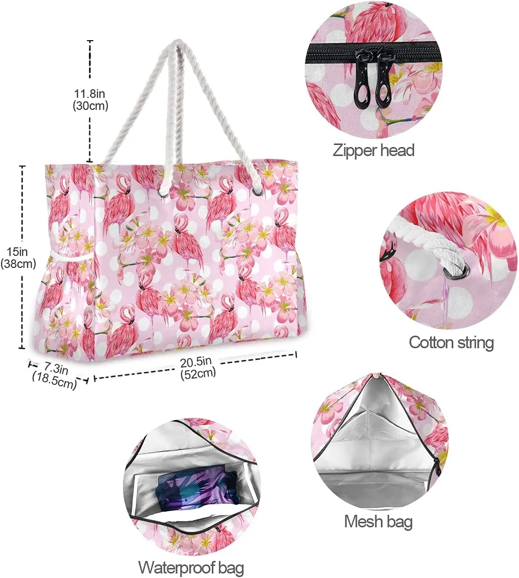 MNSRUU Large Beach Bag, Floral Cherry Blossoms And Branches Pink Tote Bag Travel Gym Bag with Waterproof Pocket Compartment