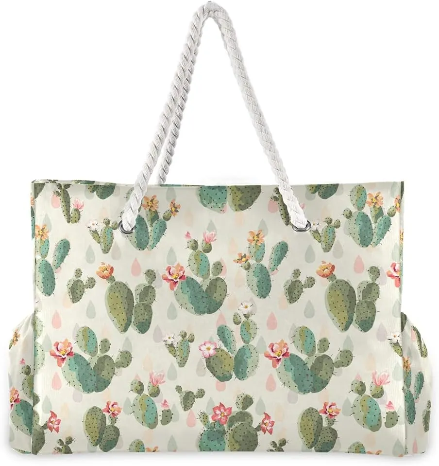 MNSRUU Large Beach Bag, Floral Cherry Blossoms And Branches Pink Tote Bag Travel Gym Bag with Waterproof Pocket Compartment