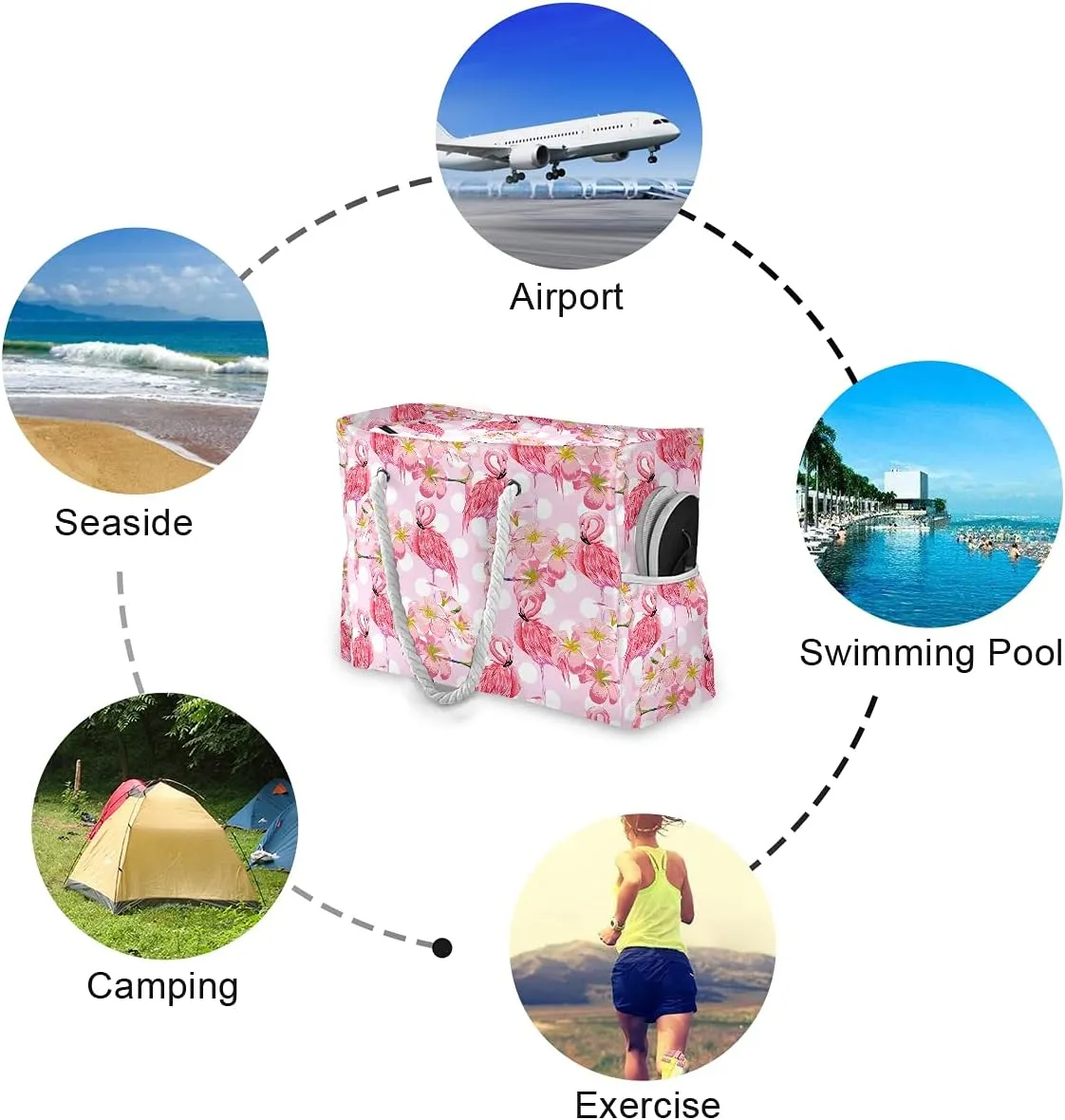 MNSRUU Large Beach Bag, Floral Cherry Blossoms And Branches Pink Tote Bag Travel Gym Bag with Waterproof Pocket Compartment