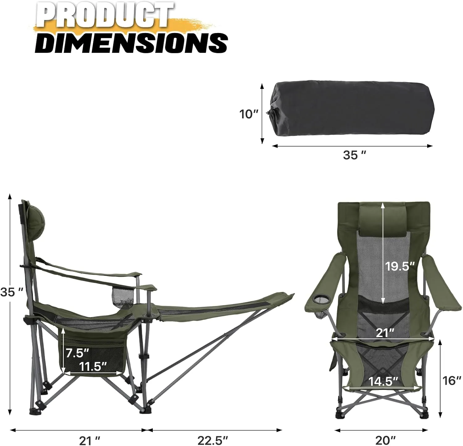 MoNiBloom Portable Folding Reclining Camping Chair with Foot Rest for Adults Outdoor Beach Hiking Fishing Lounge Recliner Mesh Camp Chair with Headrest Footrest Cup Holder Side Pocket (Dark Green)