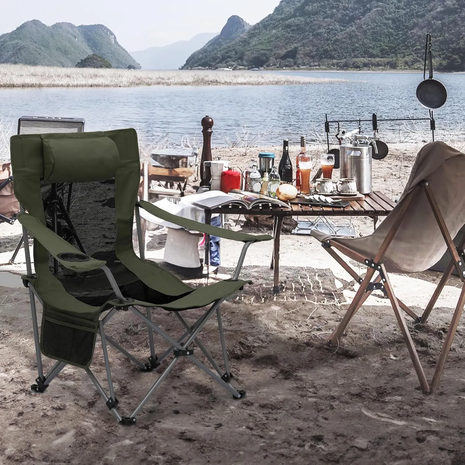 MoNiBloom Portable Folding Reclining Camping Chair with Foot Rest for Adults Outdoor Beach Hiking Fishing Lounge Recliner Mesh Camp Chair with Headrest Footrest Cup Holder Side Pocket (Dark Green)