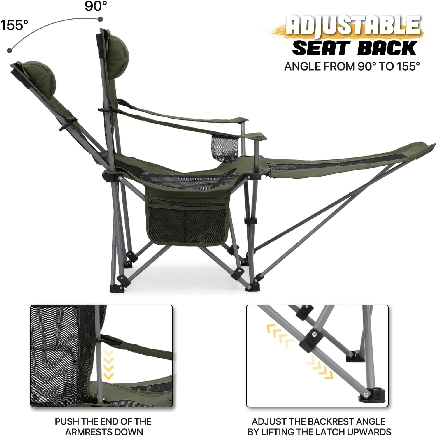 MoNiBloom Portable Folding Reclining Camping Chair with Foot Rest for Adults Outdoor Beach Hiking Fishing Lounge Recliner Mesh Camp Chair with Headrest Footrest Cup Holder Side Pocket (Dark Green)
