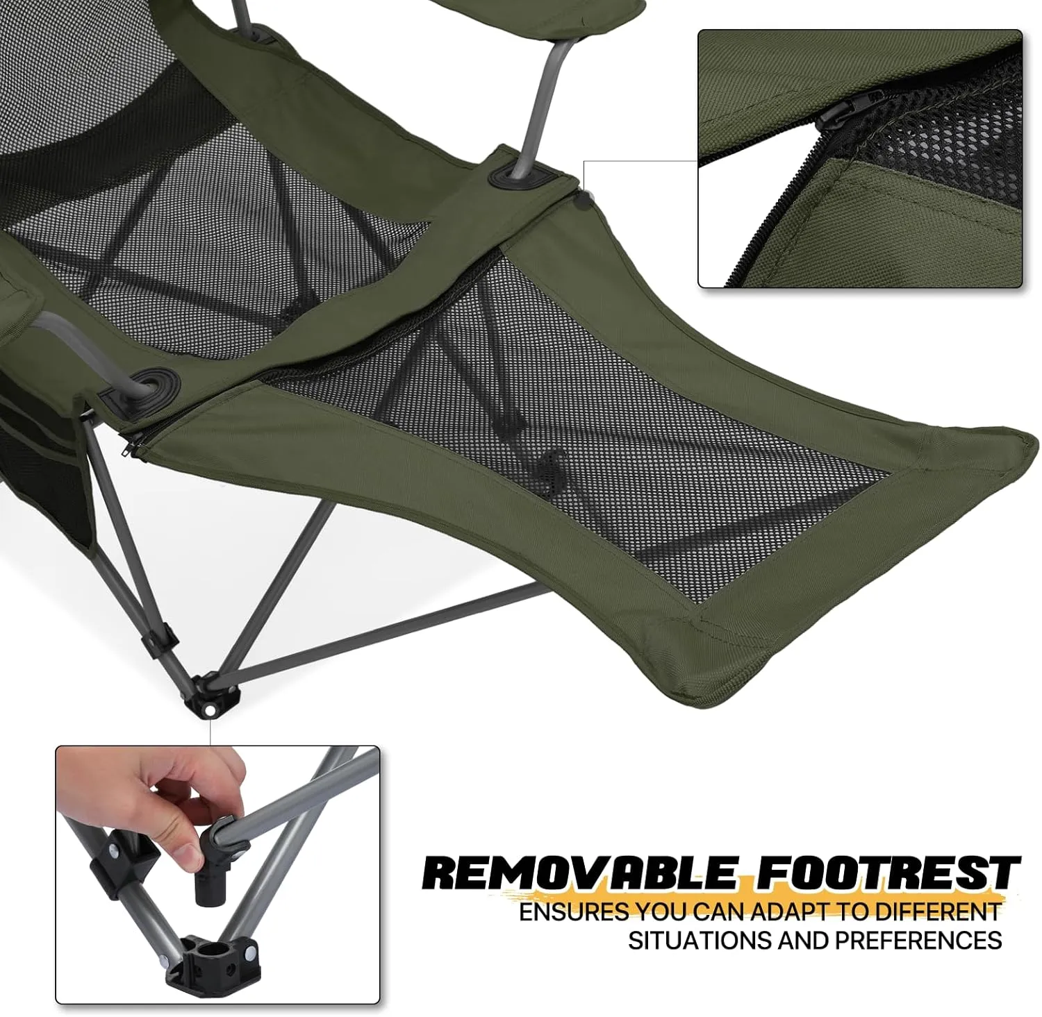 MoNiBloom Portable Folding Reclining Camping Chair with Foot Rest for Adults Outdoor Beach Hiking Fishing Lounge Recliner Mesh Camp Chair with Headrest Footrest Cup Holder Side Pocket (Dark Green)