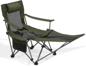 MoNiBloom Portable Folding Reclining Camping Chair with Foot Rest for Adults Outdoor Beach Hiking Fishing Lounge Recliner Mesh Camp Chair with Headrest Footrest Cup Holder Side Pocket (Dark Green)