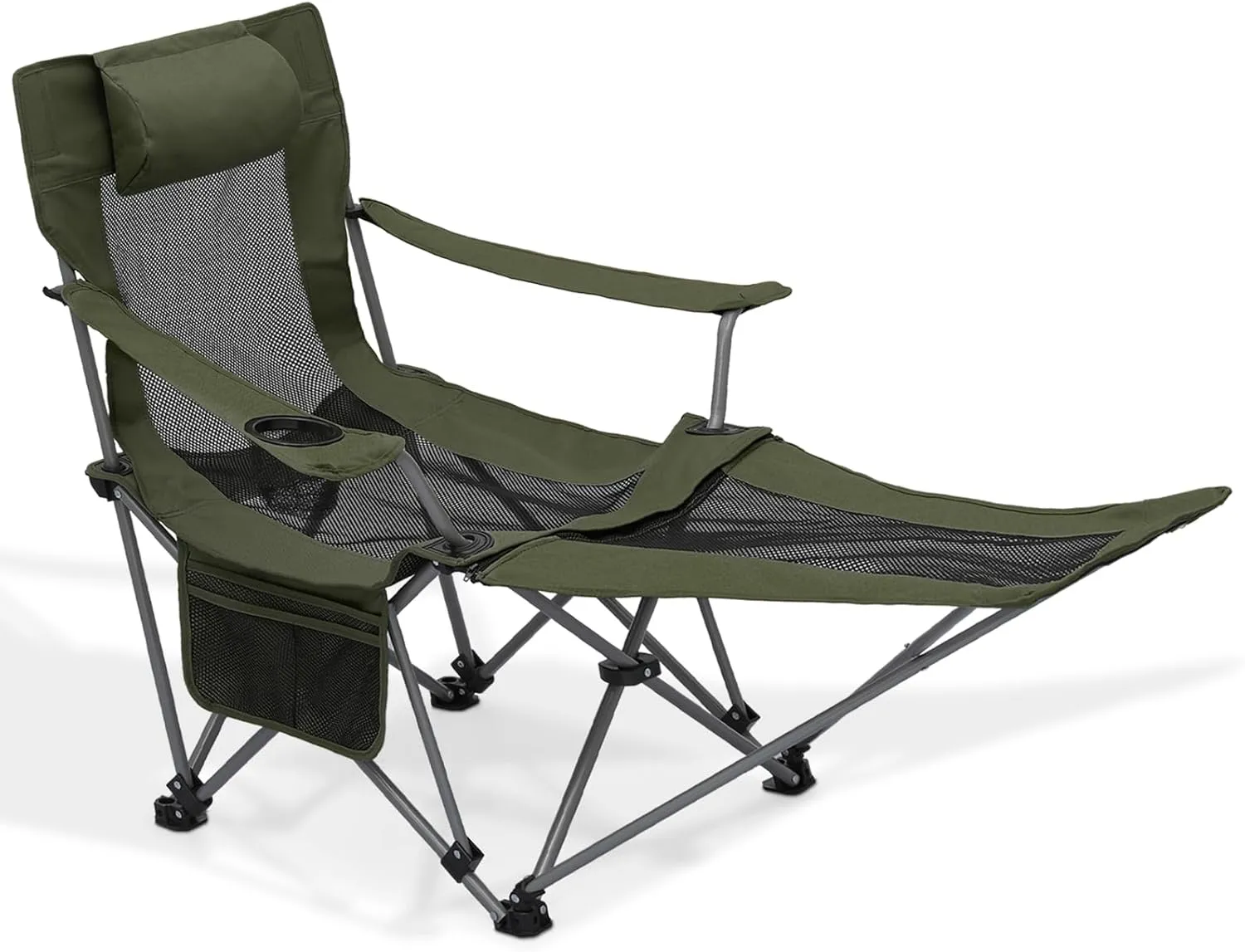 MoNiBloom Portable Folding Reclining Camping Chair with Foot Rest for Adults Outdoor Beach Hiking Fishing Lounge Recliner Mesh Camp Chair with Headrest Footrest Cup Holder Side Pocket (Dark Green)