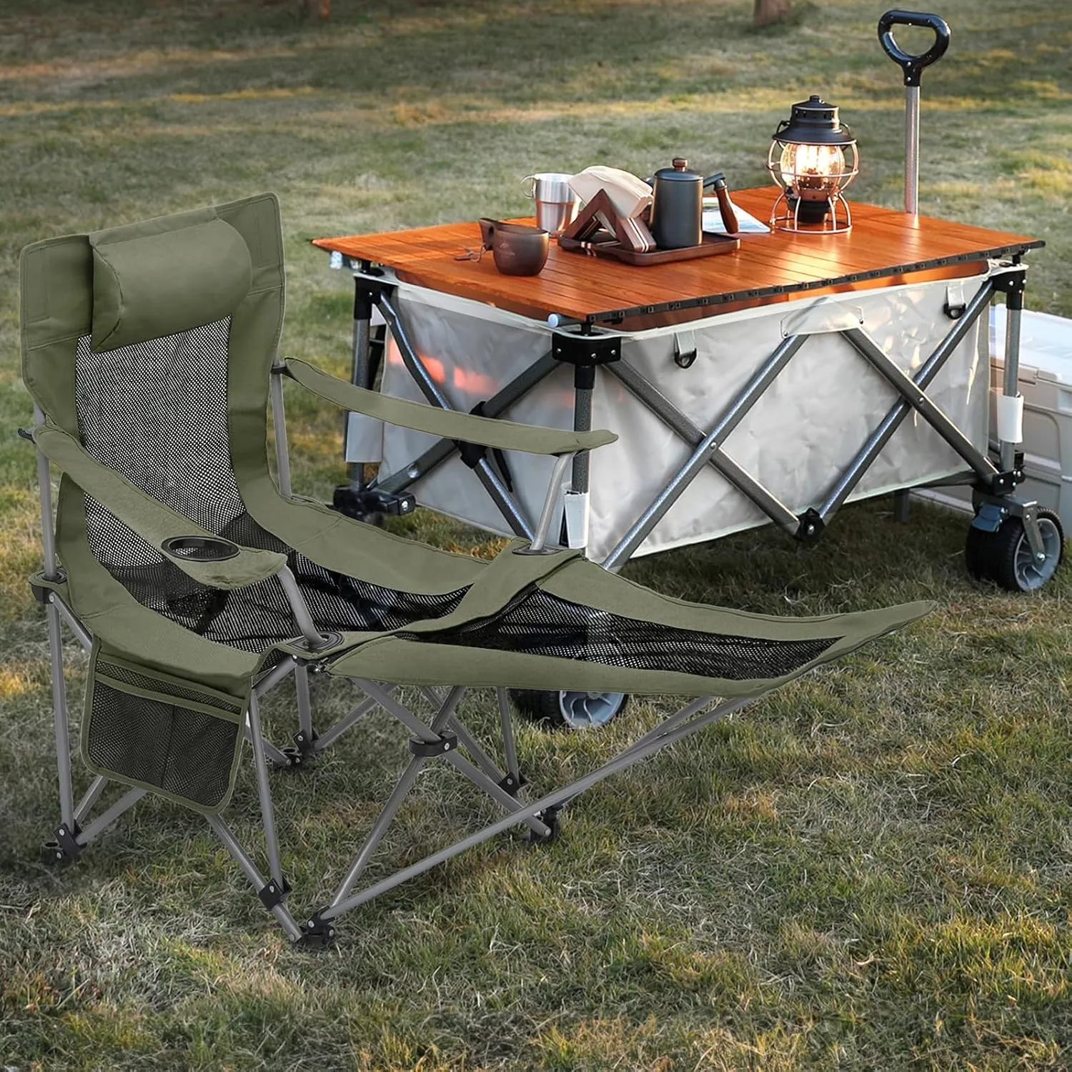 MoNiBloom Portable Folding Reclining Camping Chair with Foot Rest for Adults Outdoor Beach Hiking Fishing Lounge Recliner Mesh Camp Chair with Headrest Footrest Cup Holder Side Pocket (Dark Green)