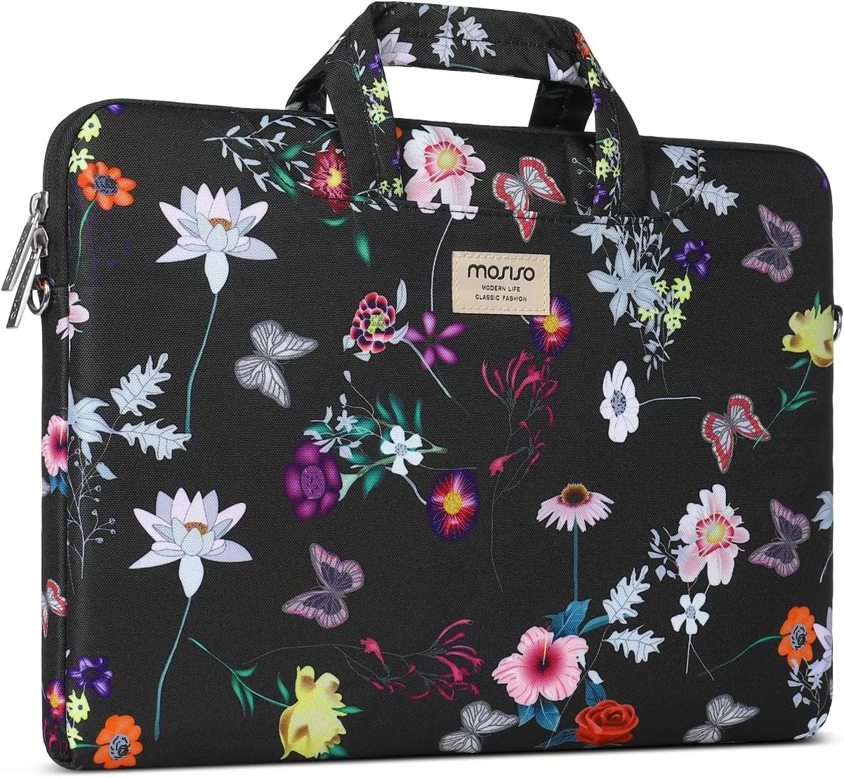 MOSISO Laptop Shoulder Bag Compatible with MacBook Air 15 inch M2 A2941 2023/Pro 16 2023-2019 M2 A2780 M1 A2485 A2141,15-15.6 inch Notebook, Seasons Flowers Polyester Sleeve Case with Belt, Black