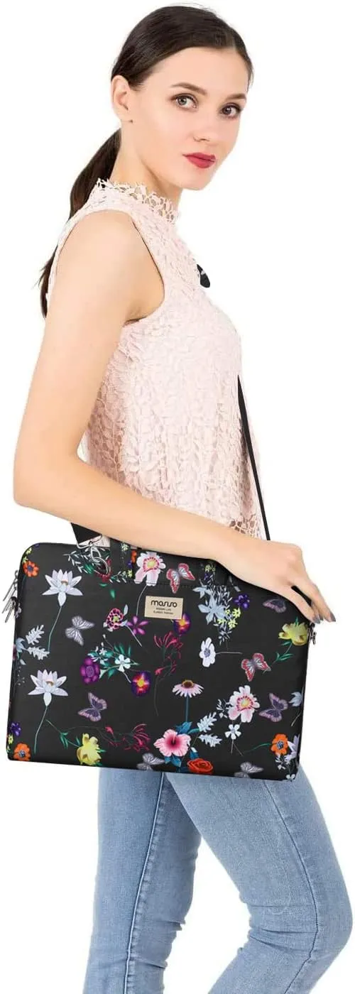 MOSISO Laptop Shoulder Bag Compatible with MacBook Air 15 inch M2 A2941 2023/Pro 16 2023-2019 M2 A2780 M1 A2485 A2141,15-15.6 inch Notebook, Seasons Flowers Polyester Sleeve Case with Belt, Black