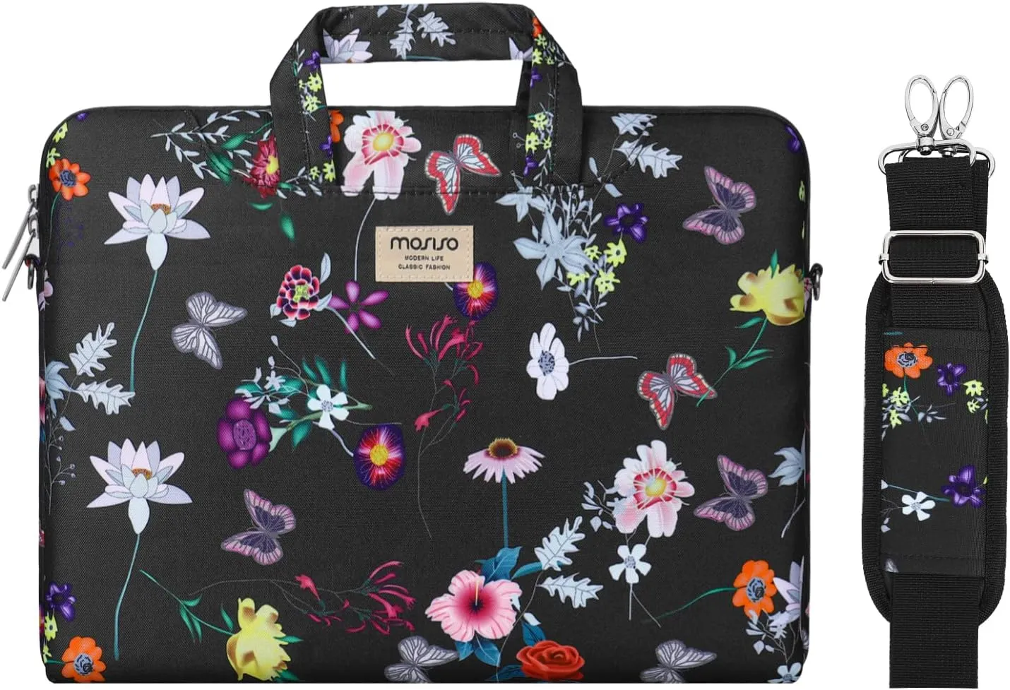 MOSISO Laptop Shoulder Bag Compatible with MacBook Air 15 inch M2 A2941 2023/Pro 16 2023-2019 M2 A2780 M1 A2485 A2141,15-15.6 inch Notebook, Seasons Flowers Polyester Sleeve Case with Belt, Black