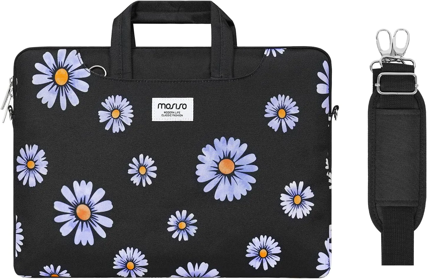 MOSISO Laptop Shoulder Bag Compatible with MacBook Air 15 inch M2 A2941 2023/Pro 16 2023-2019 M2 A2780 M1 A2485 A2141/Pro 15 A1398,15-15.6 inch Notebook, Camomile Briefcase Sleeve with Belt, Black