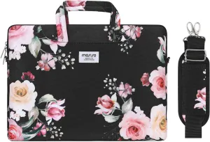 MOSISO Laptop Shoulder Bag Compatible with MacBook Air 15 inch M3 M2/Pro 16 M4 M3 M2 M1 2025-2019, 15-15.6 inch Notebook, Lisianthus Flower Briefcase Sleeve with Belt, Black