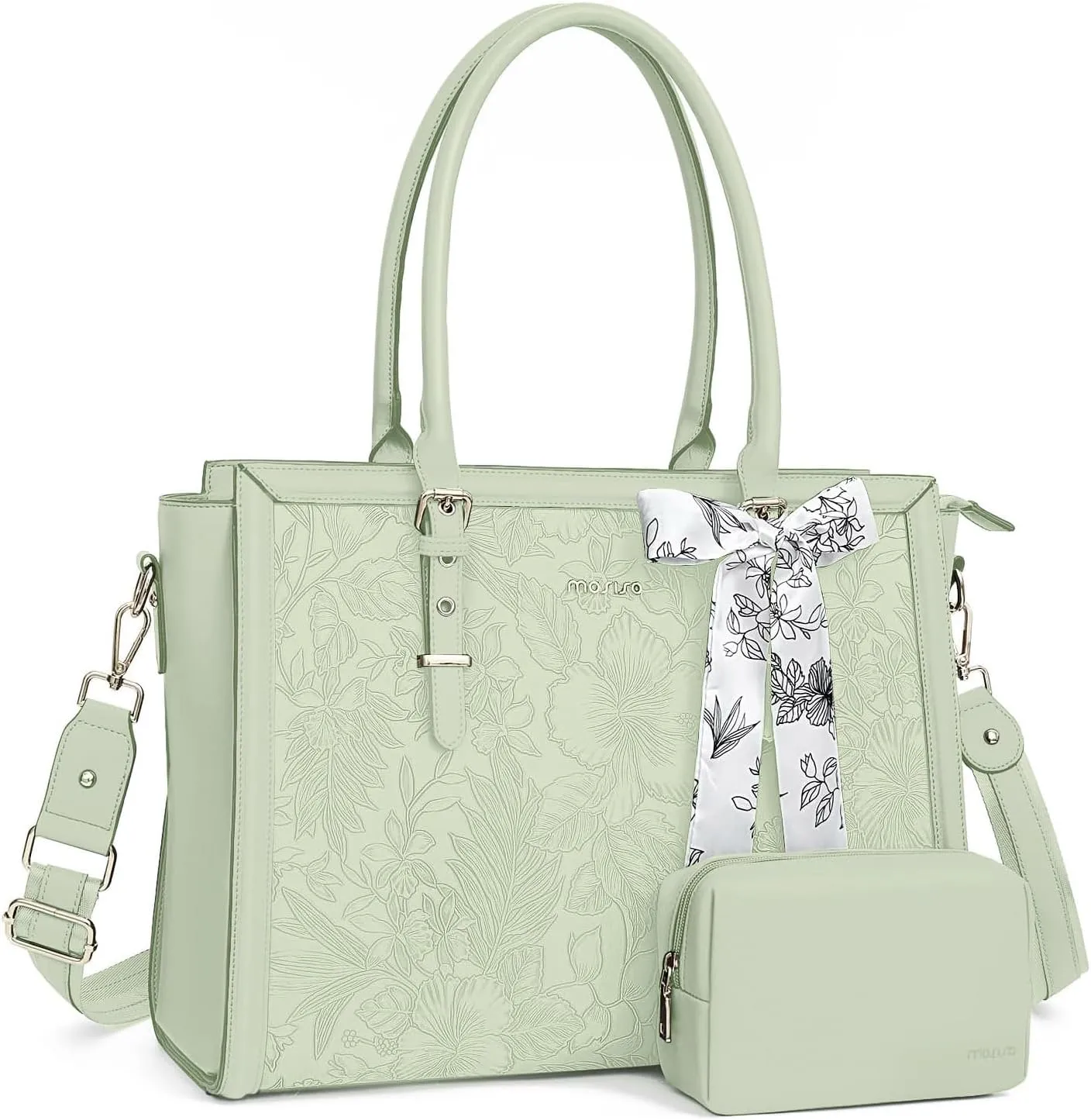 MOSISO Laptop Tote Bag for Women, 17-17.3 inch PU Leather Compatible with MacBook, HP, Dell, Asus Notebook, Front Embossed Retro Hibiscus Computer Bag with Silk Scarf&Clutch Purse, Sage Green
