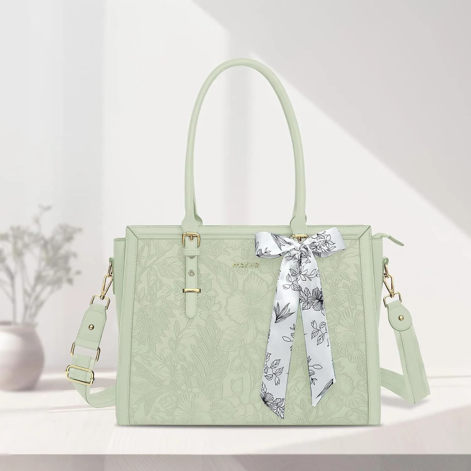 MOSISO Laptop Tote Bag for Women, 17-17.3 inch PU Leather Compatible with MacBook, HP, Dell, Asus Notebook, Front Embossed Retro Hibiscus Computer Bag with Silk Scarf&Clutch Purse, Sage Green