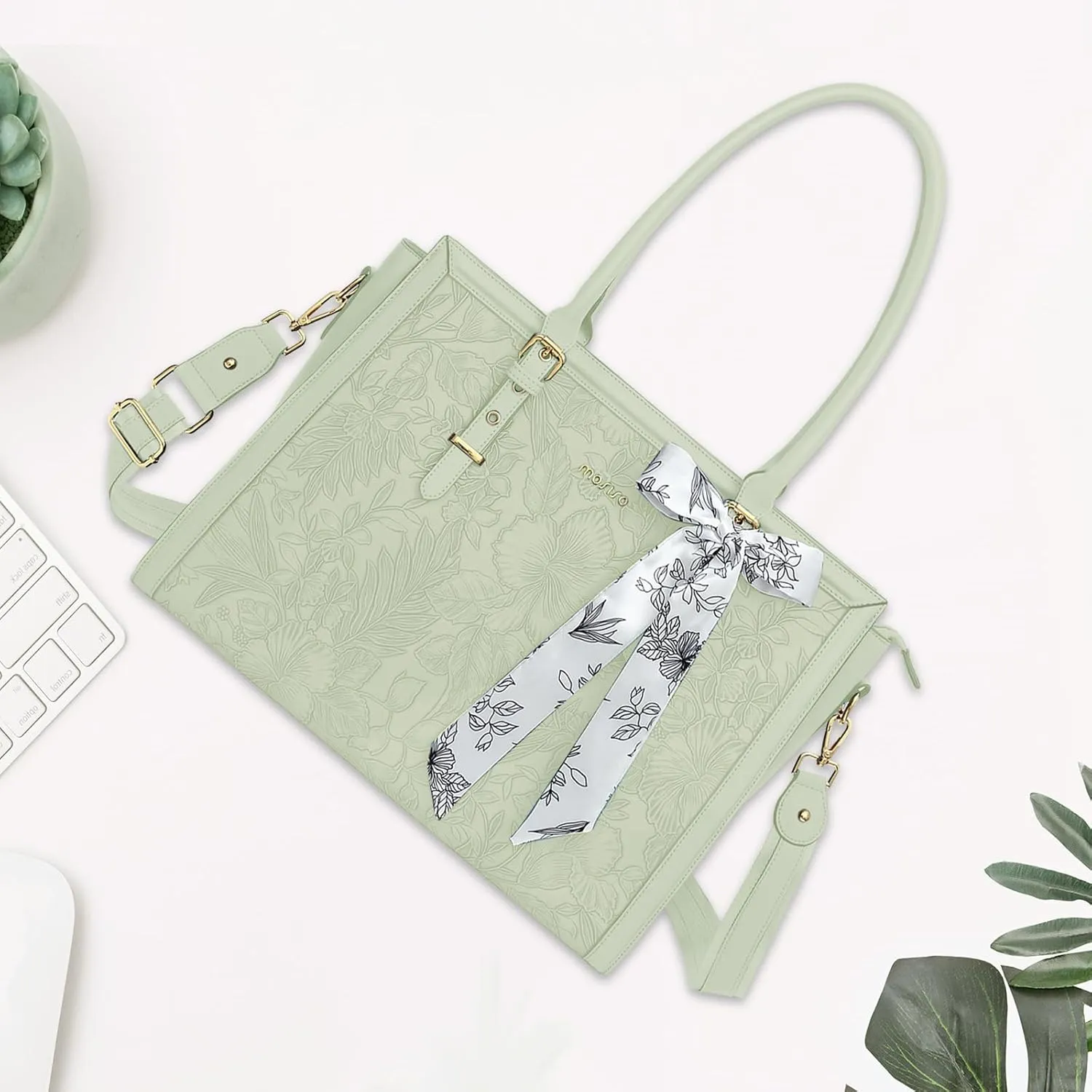 MOSISO Laptop Tote Bag for Women, 17-17.3 inch PU Leather Compatible with MacBook, HP, Dell, Asus Notebook, Front Embossed Retro Hibiscus Computer Bag with Silk Scarf&Clutch Purse, Sage Green