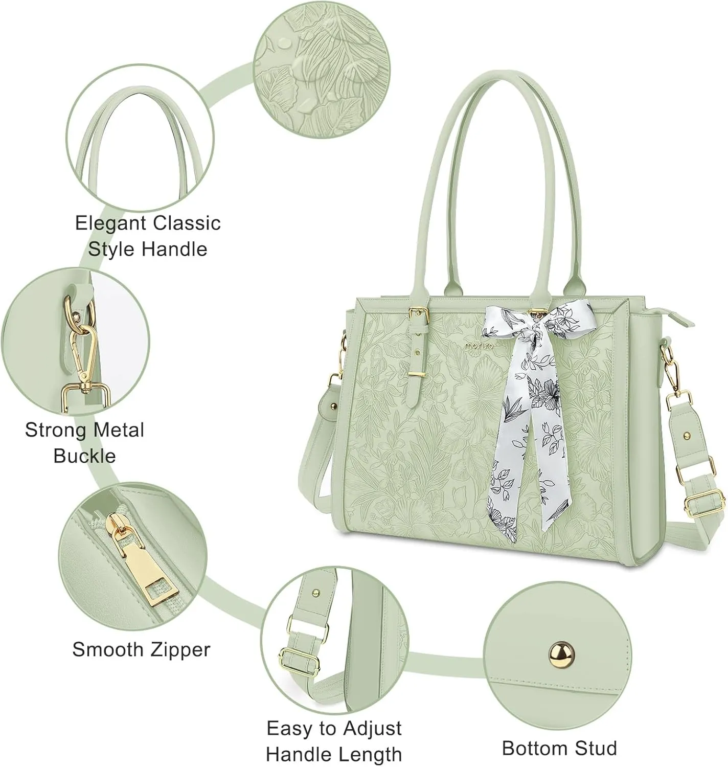 MOSISO Laptop Tote Bag for Women, 17-17.3 inch PU Leather Compatible with MacBook, HP, Dell, Asus Notebook, Front Embossed Retro Hibiscus Computer Bag with Silk Scarf&Clutch Purse, Sage Green