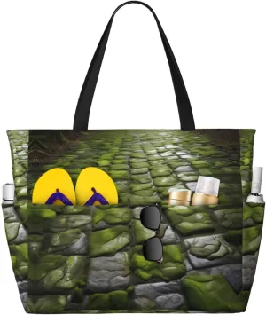Moss Stone Pavement Print Versatile Large Beach Travel Bag,Anti-Sand Beach Carry Bag For Various Needs