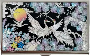Mother of Pearl Business Card Case Credit Id Name Holder Travel Wallet Art Painting Design Metal Stainless Steel Engraved Slim Purse Pocket Cash Money Wallet (Crane)