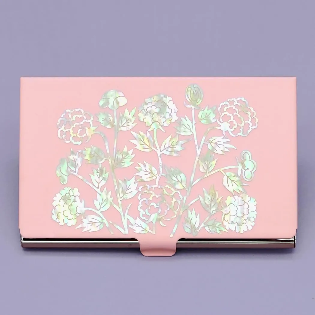 Mother of Pearl Design RFID Blocking Protection Business Card Case, Credit Card Holder, Metal Name Card Case, Engraved Slim Purse Pocket Cash Money Wallet (Red Peony Black)