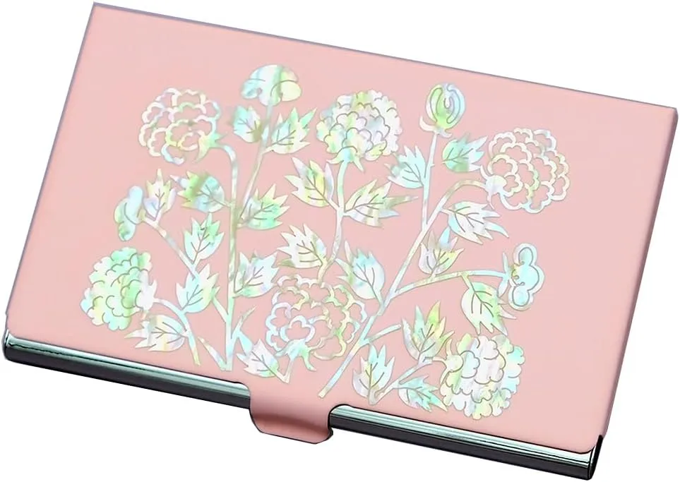 Mother of Pearl Design RFID Blocking Protection Business Card Case, Credit Card Holder, Metal Name Card Case, Engraved Slim Purse Pocket Cash Money Wallet (Red Peony Black)