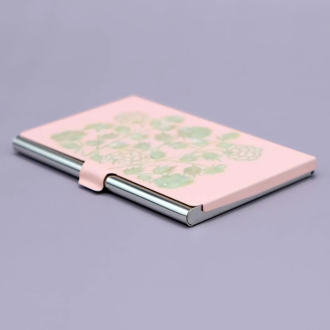 Mother of Pearl Design RFID Blocking Protection Business Card Case, Credit Card Holder, Metal Name Card Case, Engraved Slim Purse Pocket Cash Money Wallet (Red Peony Black)