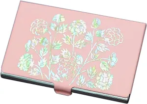 Mother of Pearl Design RFID Blocking Protection Business Card Case, Credit Card Holder, Metal Name Card Case, Engraved Slim Purse Pocket Cash Money Wallet (Red Peony Black)