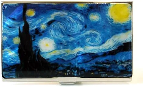 Mother of Pearl Design RFID Blocking Protection Business Card Case, Credit Card Holder, Metal Name Card Case, Engraved Slim Purse Pocket Cash Money Wallet (Starry Night by Gogh)