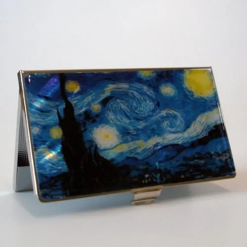 Mother of Pearl Design RFID Blocking Protection Business Card Case, Credit Card Holder, Metal Name Card Case, Engraved Slim Purse Pocket Cash Money Wallet (Starry Night by Gogh)