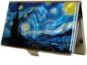 Mother of Pearl Design RFID Blocking Protection Business Card Case, Credit Card Holder, Metal Name Card Case, Engraved Slim Purse Pocket Cash Money Wallet (Starry Night by Gogh)