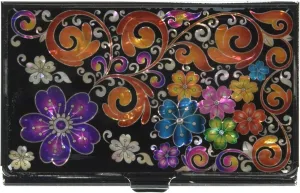 Mother of Pearl Design RFID Blocking Protection Business Card Case, Credit Card Holder, Metal Name Card Case, Stainless Steel Engraved Slim Purse Pocket Cash Money Wallet (Purple Flower)