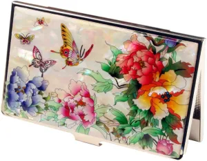 Mother of Pearl Design RFID Blocking Protection Business Card Case, Credit Card Holder, Metal Name Card Case, Stainless Steel Slim Purse Pocket Cash Money Wallet (Red Yellow Peony)