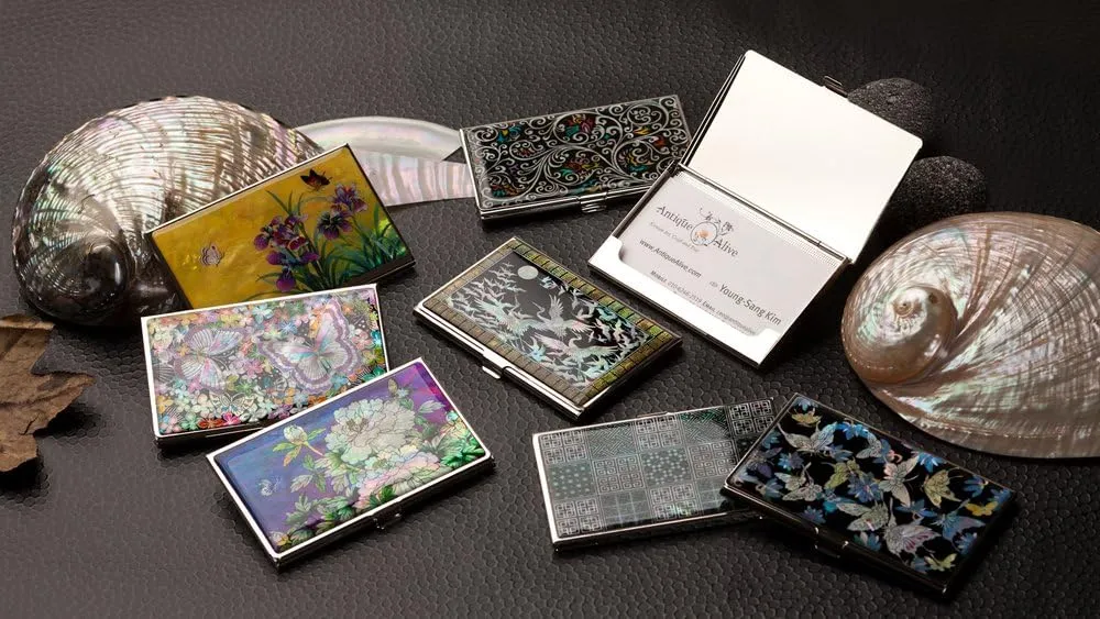 Mother of Pearl Design RFID Blocking Protection Business Card Case, Credit Card Holder, Metal Name Card Case, Stainless Steel Slim Purse Pocket Cash Money Wallet (Red Yellow Peony)