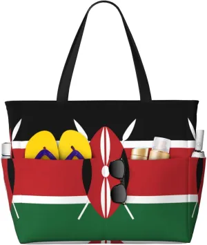 Multi-pocket large capacityFlag of Kenya printed beach travel bag can be carried by hand or on the shoulder