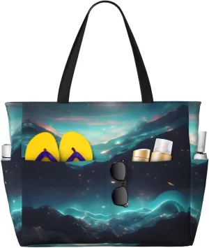 Multi-pocket large capacityScience Fiction Stars printed beach travel bag can be carried by hand or on the shoulder