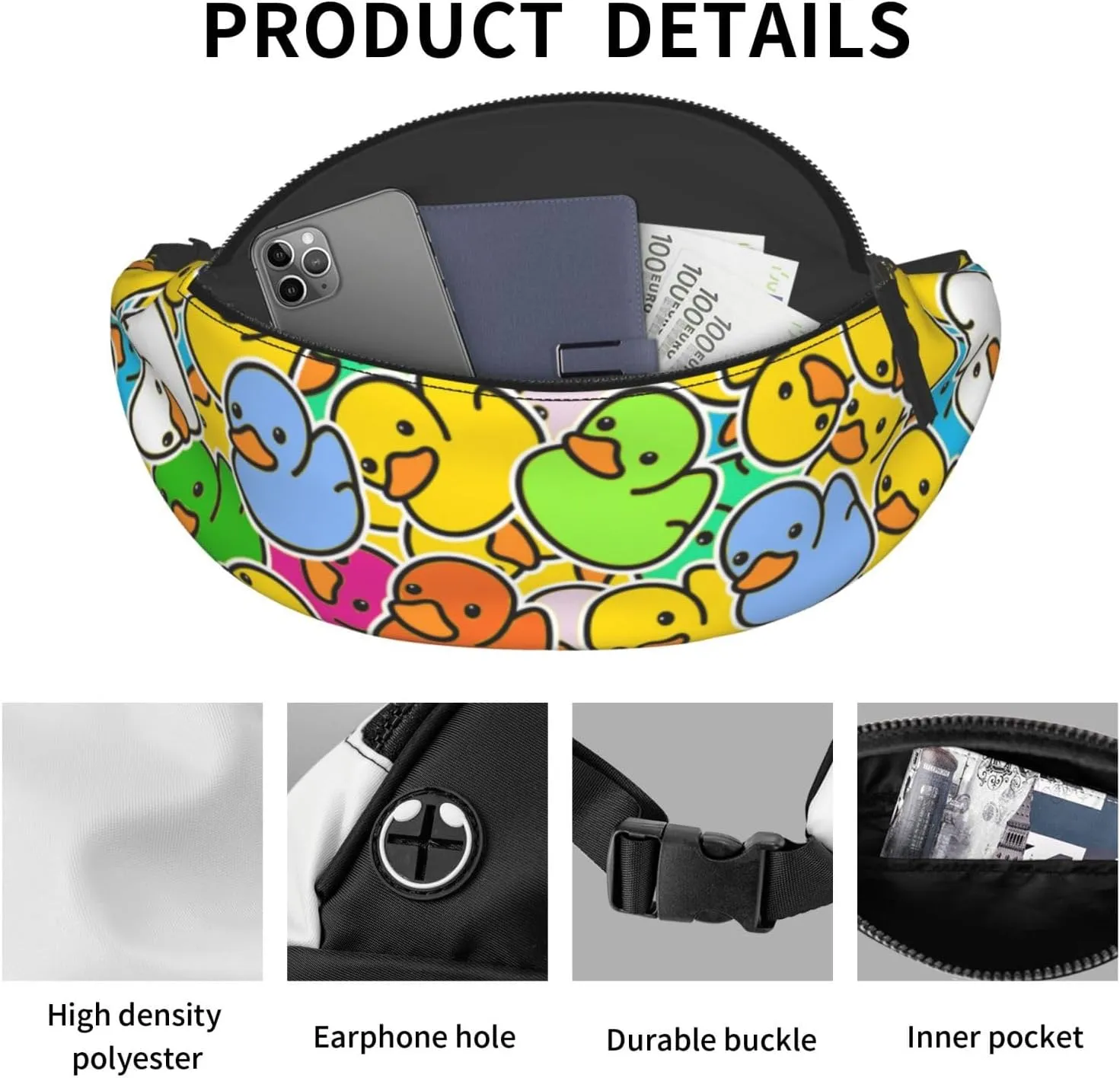Multicolor Duck 1 Fanny Pack Crossbody Waist Bag Pack for Men Women. Belt Bag for Travel Walking Running Hiking Fishing.