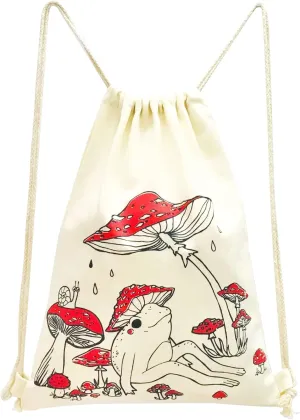 Mushroom Drawstring Backpack Cute Mushroom Frog Backpack Women Gift Vintage Aesthetic Canvas Gym Drawstring Bag Sports String Bag Cotton Sack Bag Beach Travel Sackpack