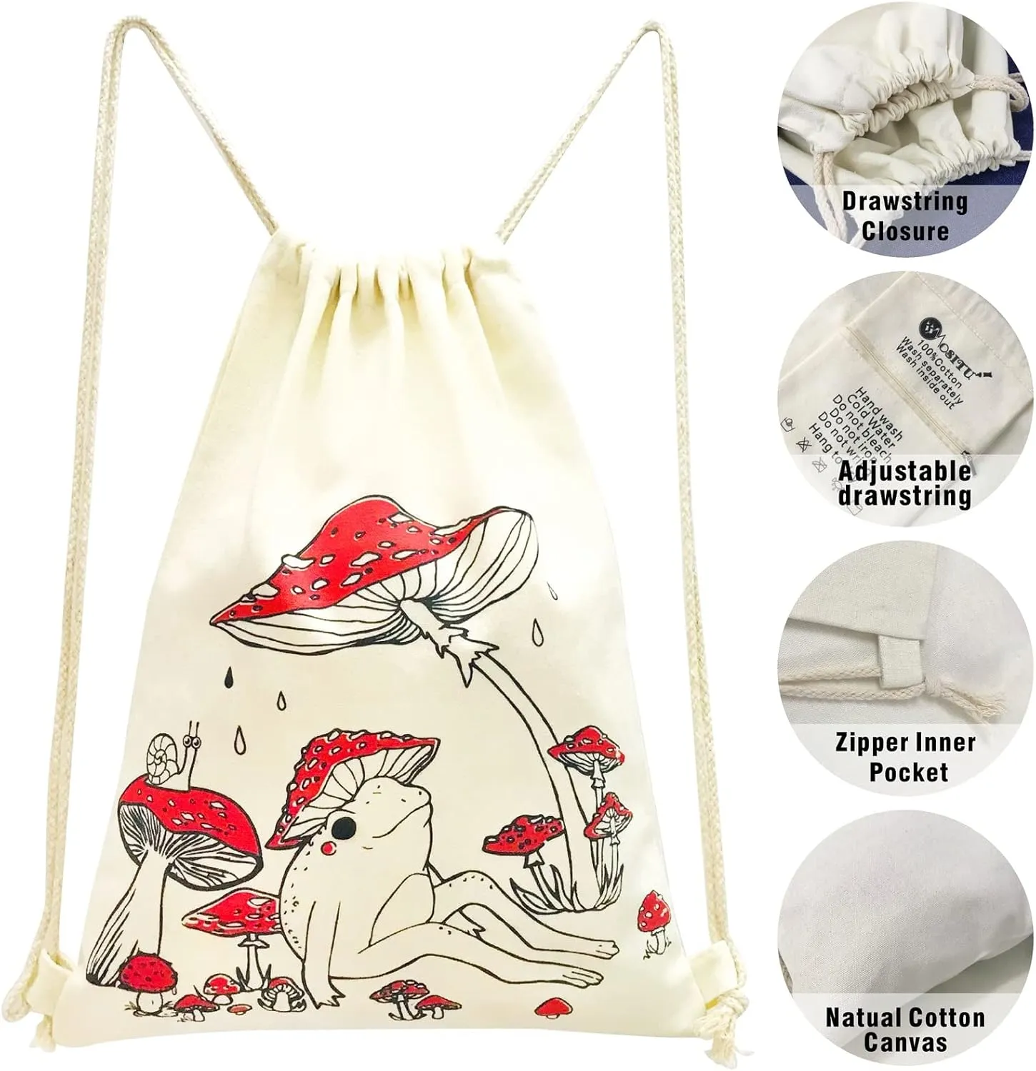 Mushroom Drawstring Backpack Cute Mushroom Frog Backpack Women Gift Vintage Aesthetic Canvas Gym Drawstring Bag Sports String Bag Cotton Sack Bag Beach Travel Sackpack