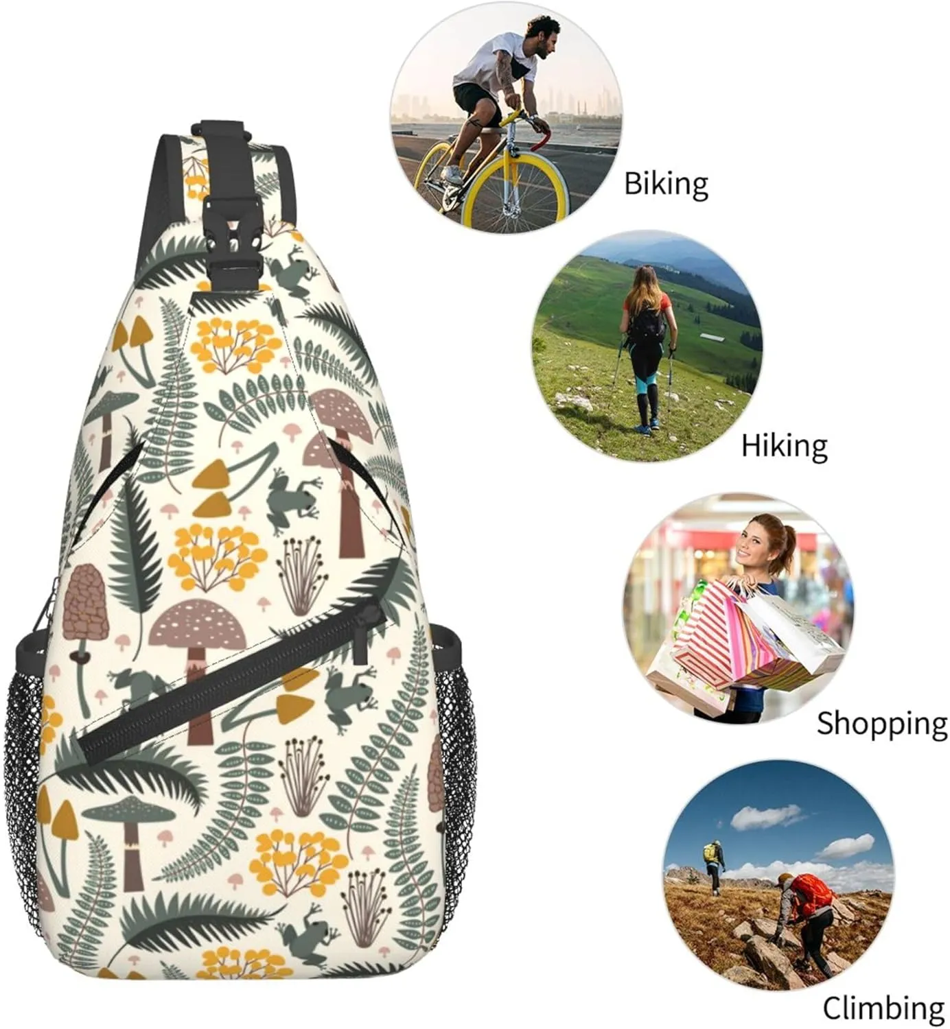 Mushroom Forest Leaves Sling Backpack Crossbody Bag, Chest Bag Daypack for Outdoors Hiking Traveling