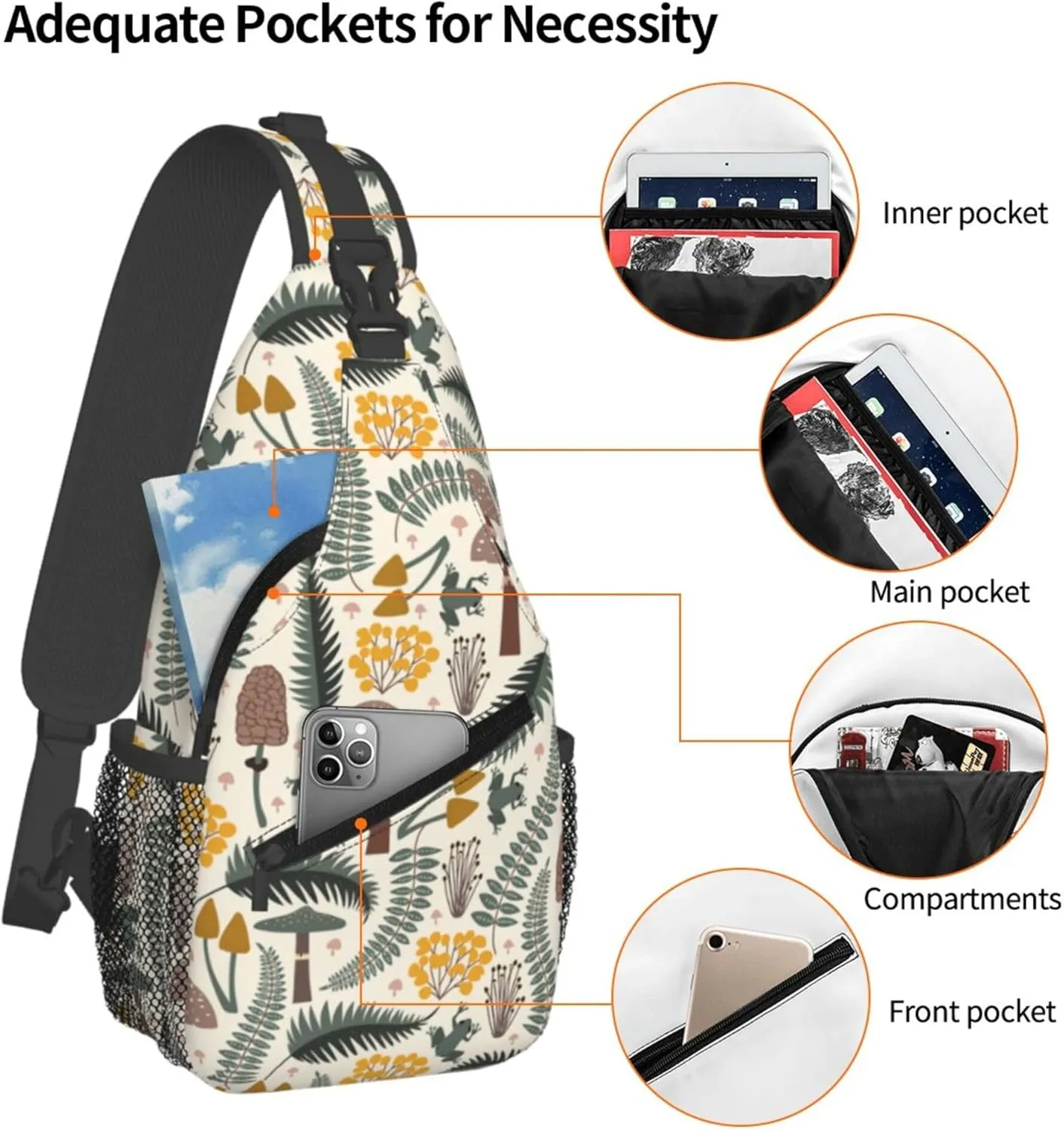 Mushroom Forest Leaves Sling Backpack Crossbody Bag, Chest Bag Daypack for Outdoors Hiking Traveling
